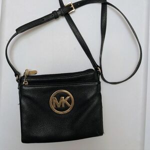 Michael Kors Black Leather Crossbody Bag with Gold MK Logo